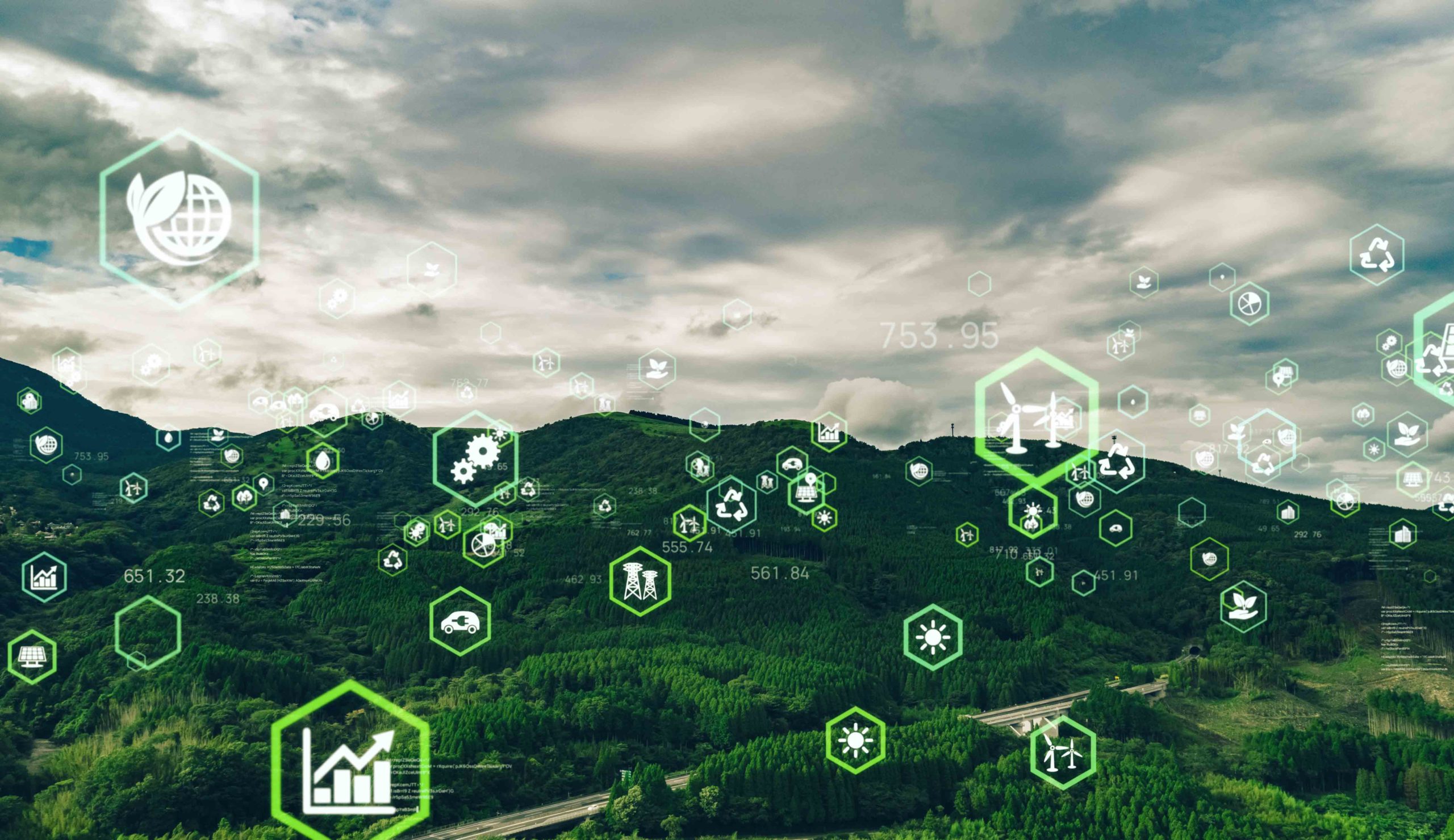 Sustainability icons float over green highway