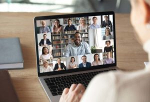 Team meets on video call.