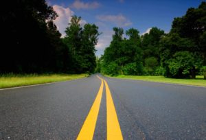 Country road with double yellow line.