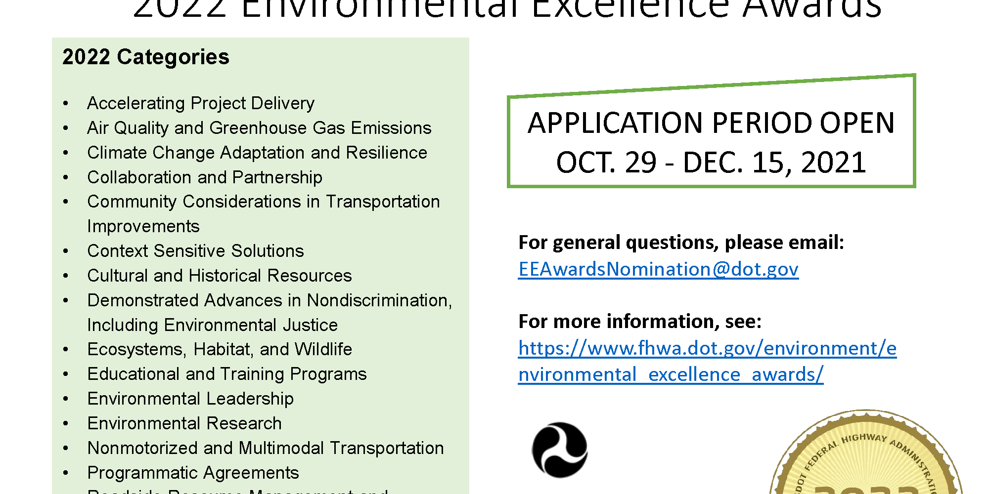 FHWA Now Accepting Nominations for 2022 Environmental Excellence Awards FHWA Now Accepting Nominations for 2022 Environmental Excellence Awards