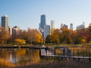 Lincoln Park lagoon and skyline.