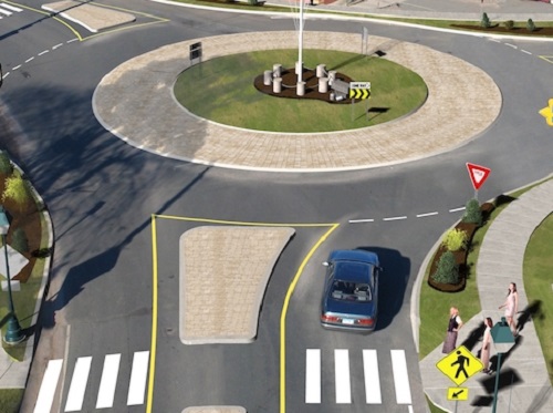 A 3D image of a car doing a roundabout.